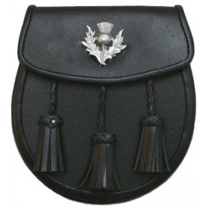 Leather Black Sporran Thistle Badge with Tassels