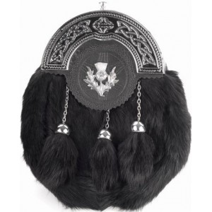 Rabbit Hair Sporran Chrome Cantle Thistle Badge with Tassels